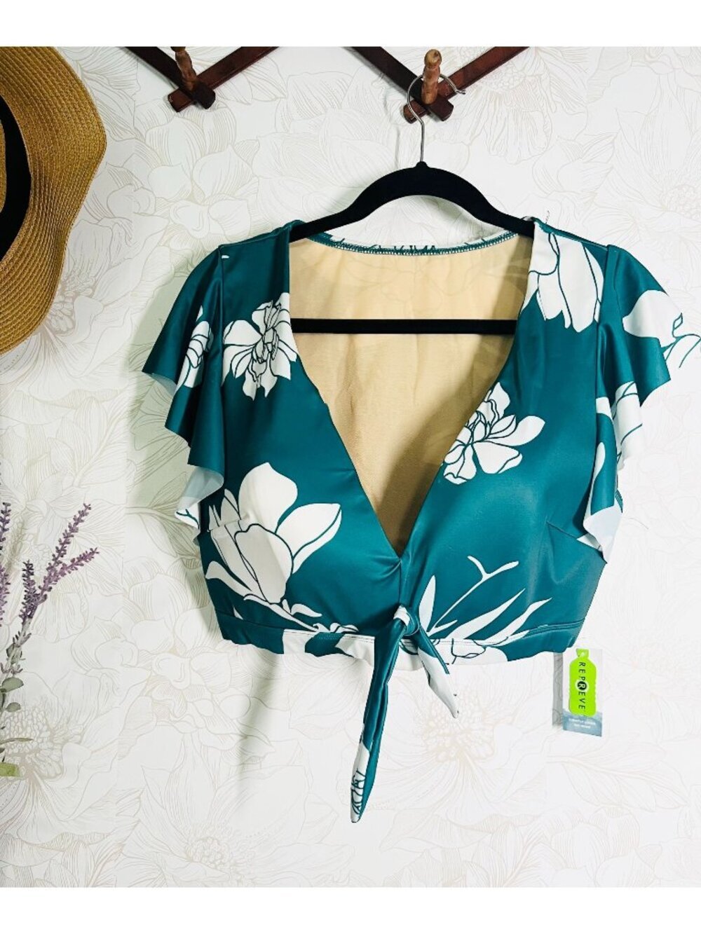 Swim By Cacique Teal Floral Tie-Front Swim Top Lightly Lined No-Wire Repreve Fab